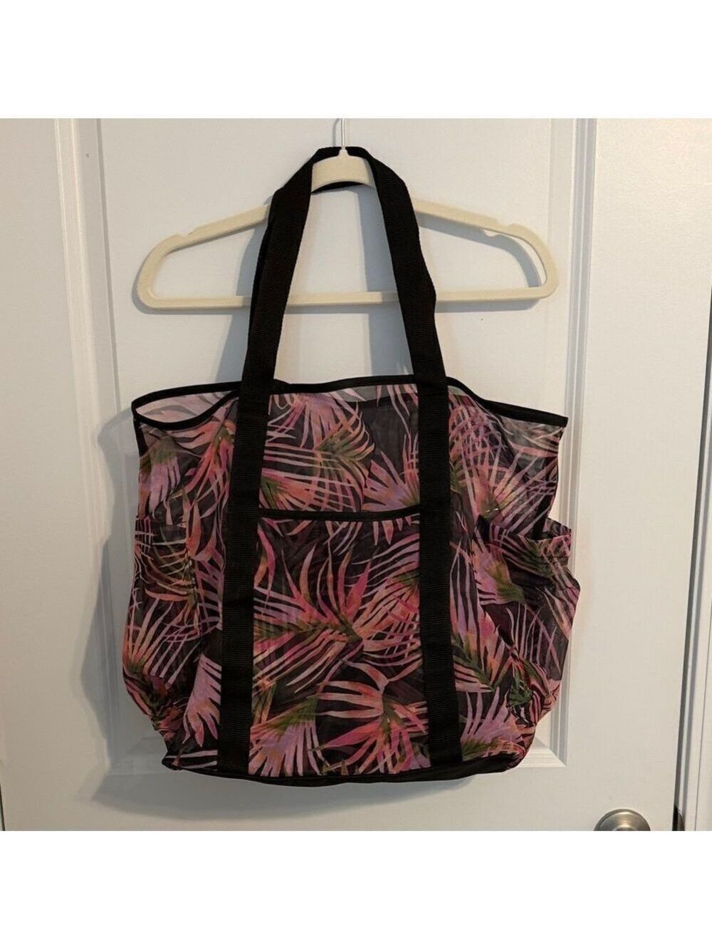 Pink & Black Tropical Leaf Mesh Beach Tote Bag | Large Pool Travel Shopper